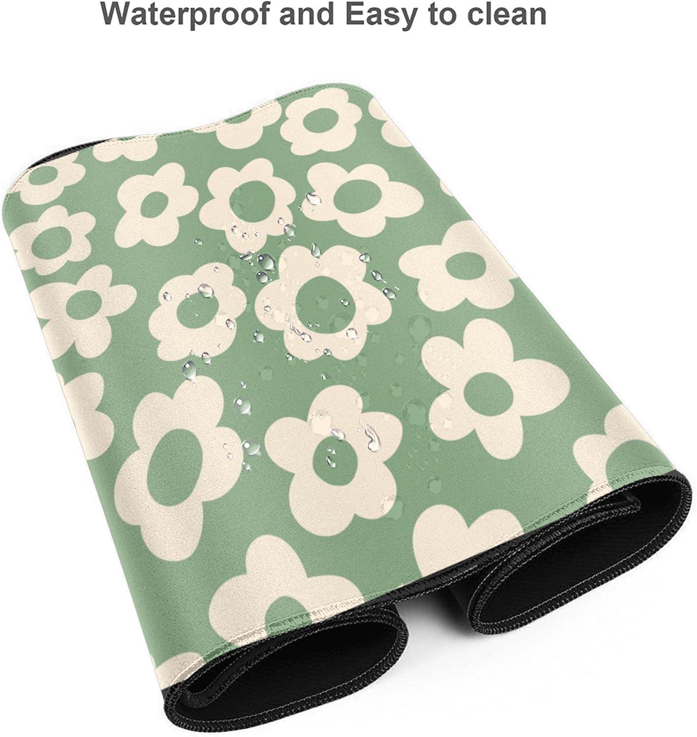 Vintage Groovy Green Flowers Gaming Mouse Pad,Extended Large Mouse Mat Desk Pad,Big Computer Keyboard Desk Pad,Stitched Edges Mousepad,3mm Thick Long Non-Slip Rubber Base Mice Pad, 31.5 X 11.8 Inch