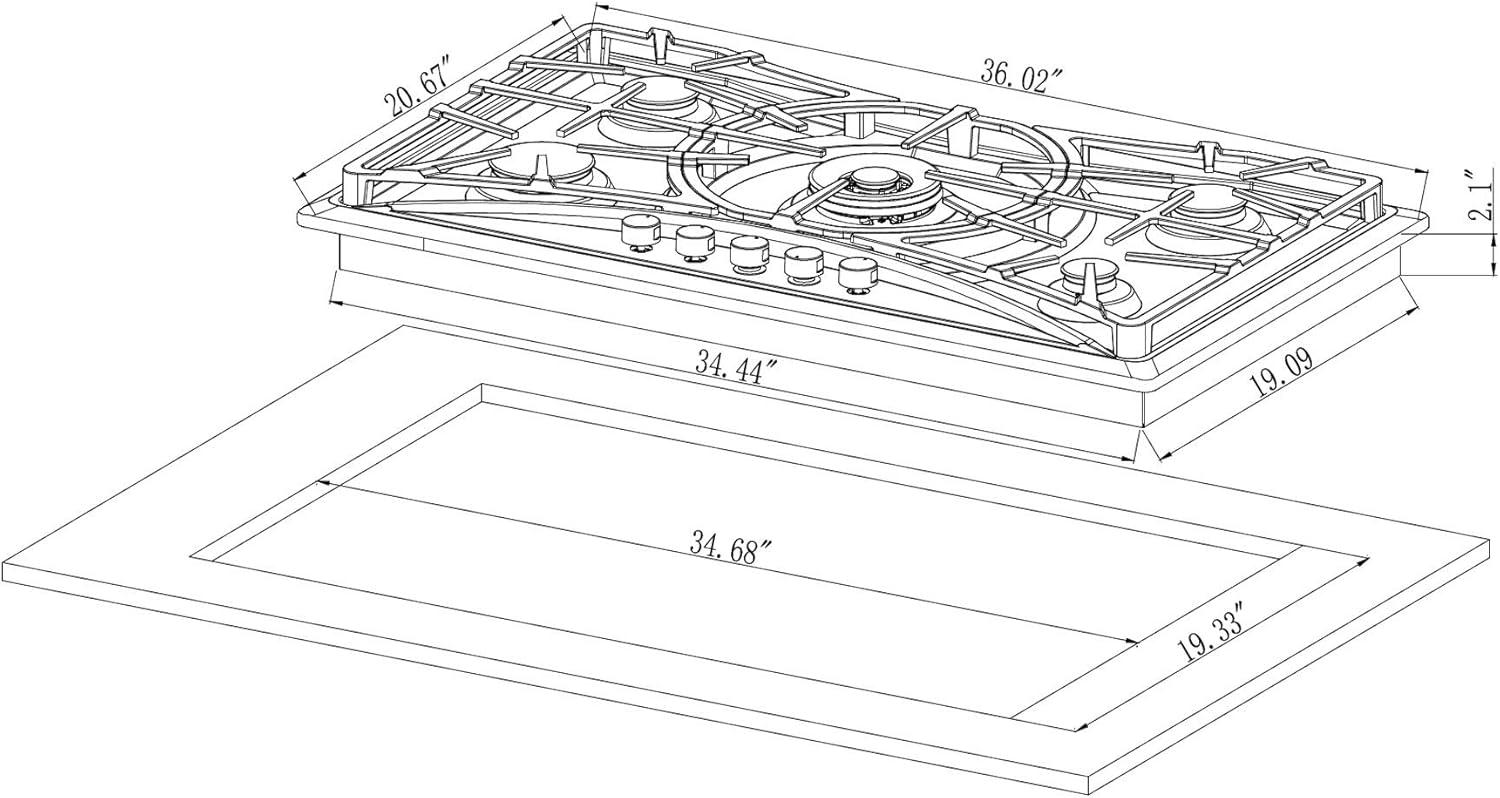 Empava 36 in. Gas Stove Cooktop with 5 Italy Sabaf Sealed Burners NG/LPG Convertible in Stainless Steel EMPV-36GC22, 36 Inch