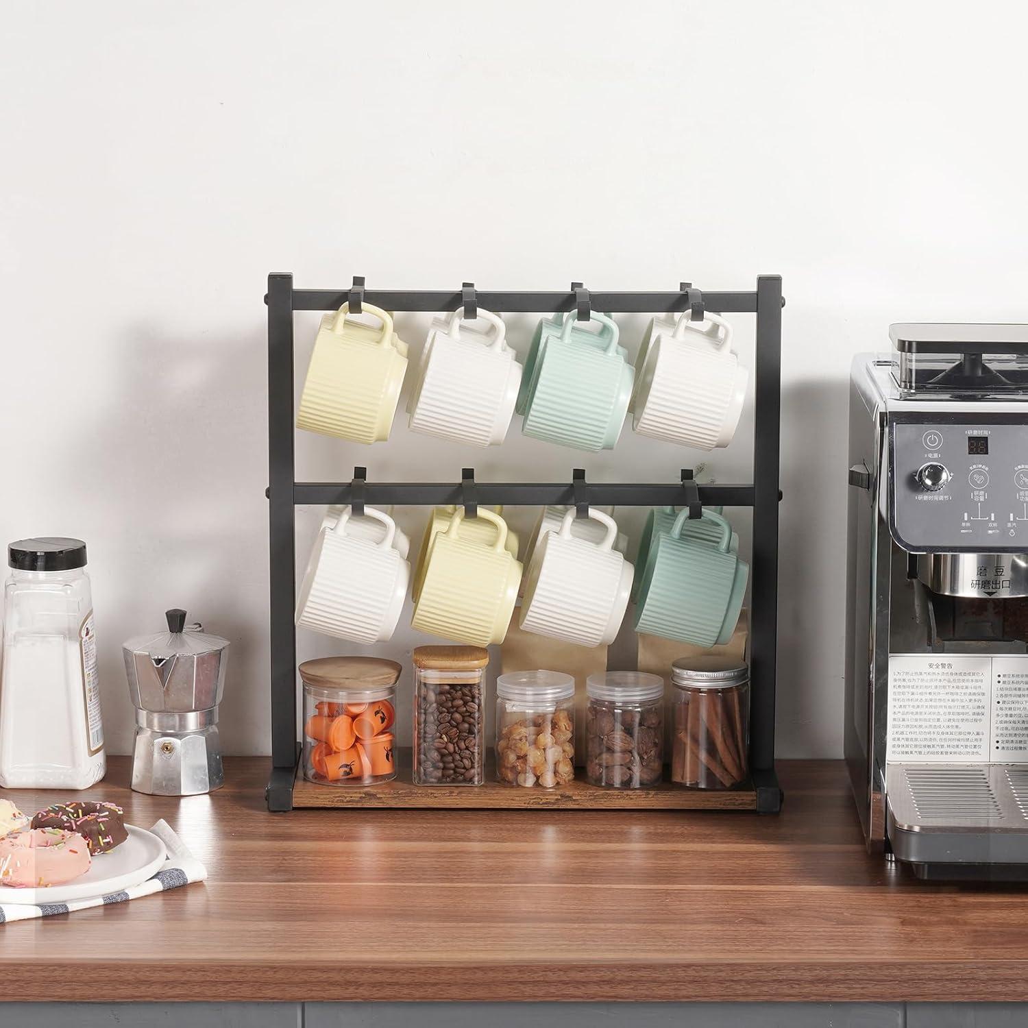 Coffee Mug Holder for Countertop, 16-Hooks Coffee Cup Holder with Storage Base, 2-Tier Mugs Tree Rack Carbon Steel