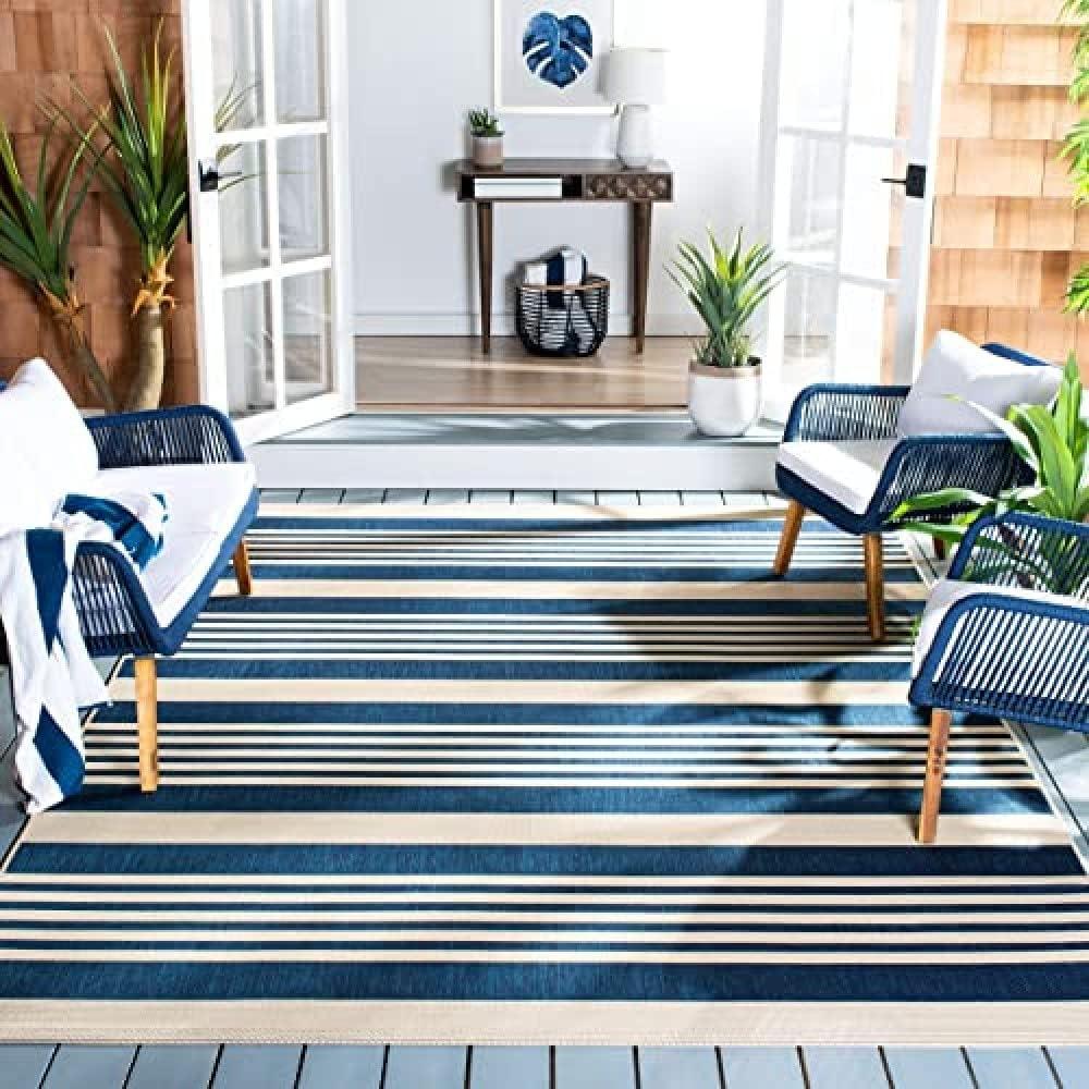 Courtyard CY6062 Power Loomed Indoor/Outdoor Area Rug - Navy/Beige - 6'7"x9'6" - Safavieh.