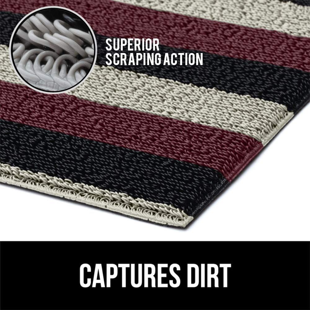 GORILLA GRIP Striped Doormat, Thick Bristle Door Mat Catches Dirt from Shoes, 24x16, Burgundy Black Cream