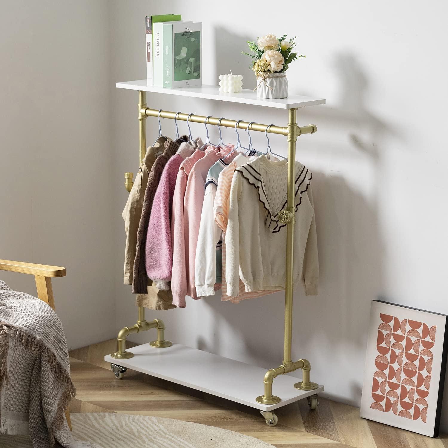 Gold and White Kids Garment Rack with Wood Shelf