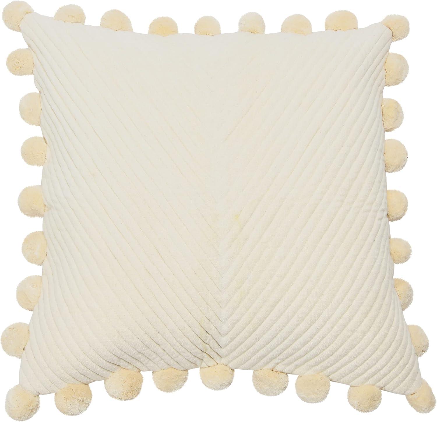 Cream Quilted Cotton Pillow Cover with Pom Pom Trim, 20" Square