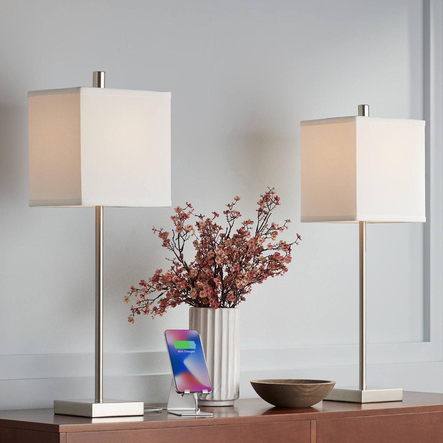 Brushed Nickel Table Lamps with White Square Shades and USB Ports