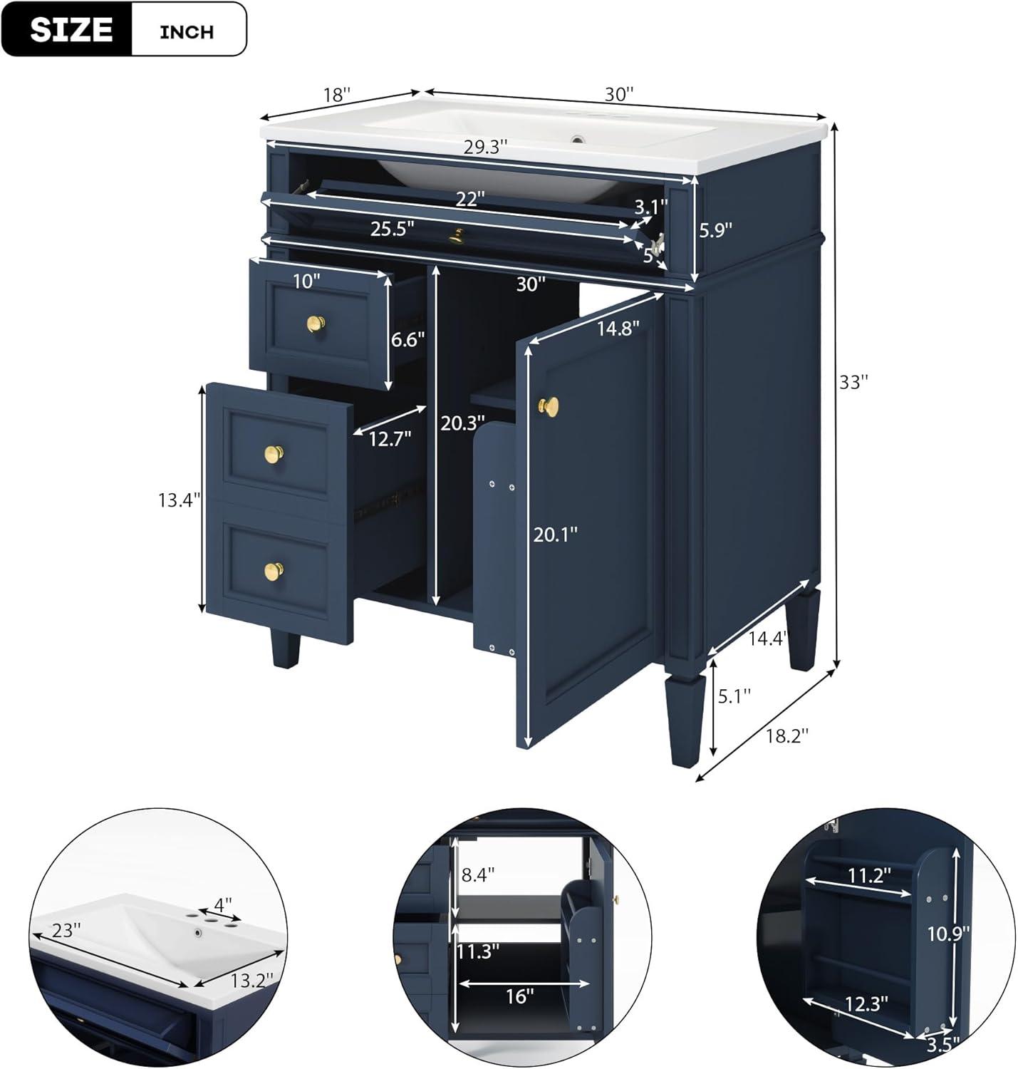 Bathroom Vanity with Sink, Solid Wood MDF, Modern Storage Cabinet with Tip-out Drawer, Amber Storage System, Soft Close Drawers, Blue