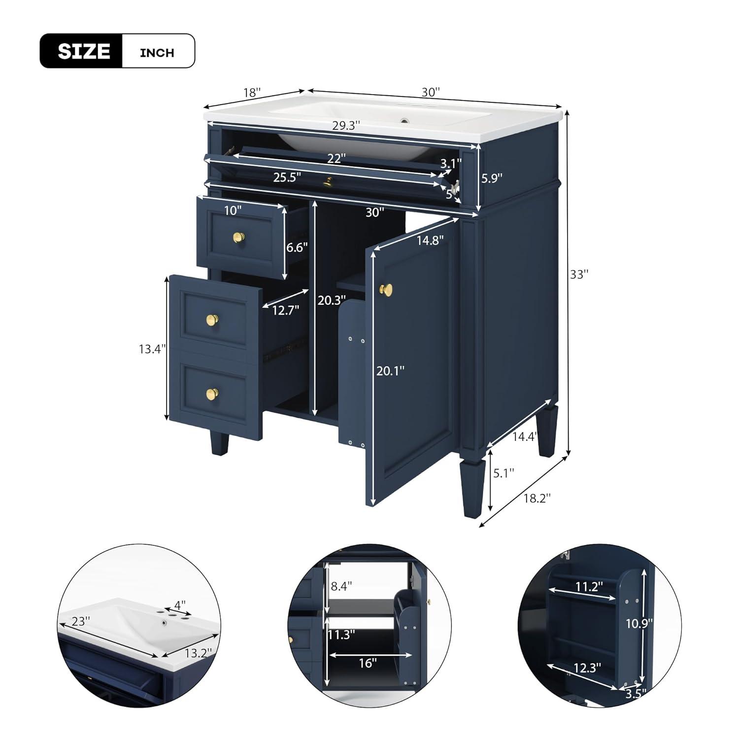 Bathroom Vanity with Sink, Solid Wood MDF, Modern Storage Cabinet with Tip-out Drawer, Amber Storage System, Soft Close Drawers, Blue