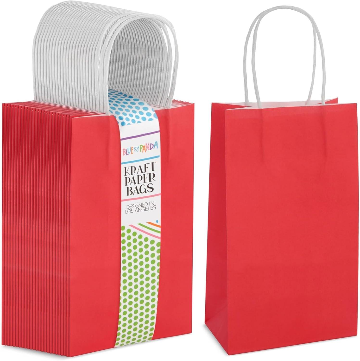 Blue Panda 25-Pack Red Gift Bags with Handles - Small Paper Treat Bags for Birthday, Wedding, Retail (5.3x3.2x9 In)