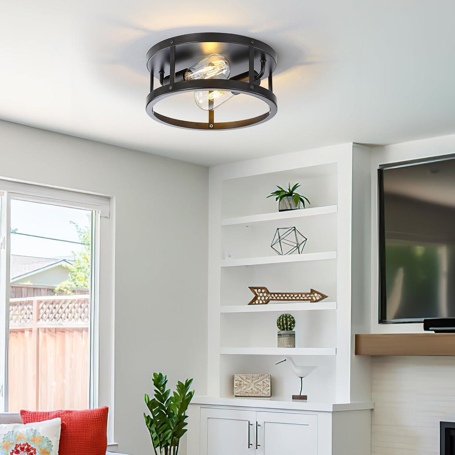 2 Pack Black Farmhouse Flush Mount Ceiling Light,2-Light Rustic Hallway Lighting Fixtures,Industrial Light Fixtures Ceiling Mount for Kitchen Hall Entry Bedroom Closet