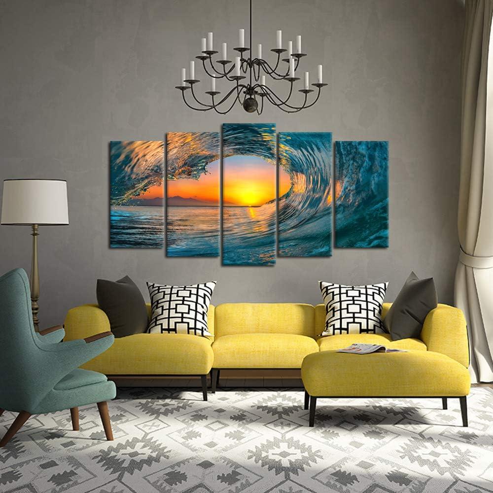 Large 5 Piece Sea Waves Wall Art Modern Framed Giclee Canvas Prints Seascape Artwork Ocean Beach Pictures Paintings On Canvas For Living Room Home Office Decor (Large Size 60X32inch)
