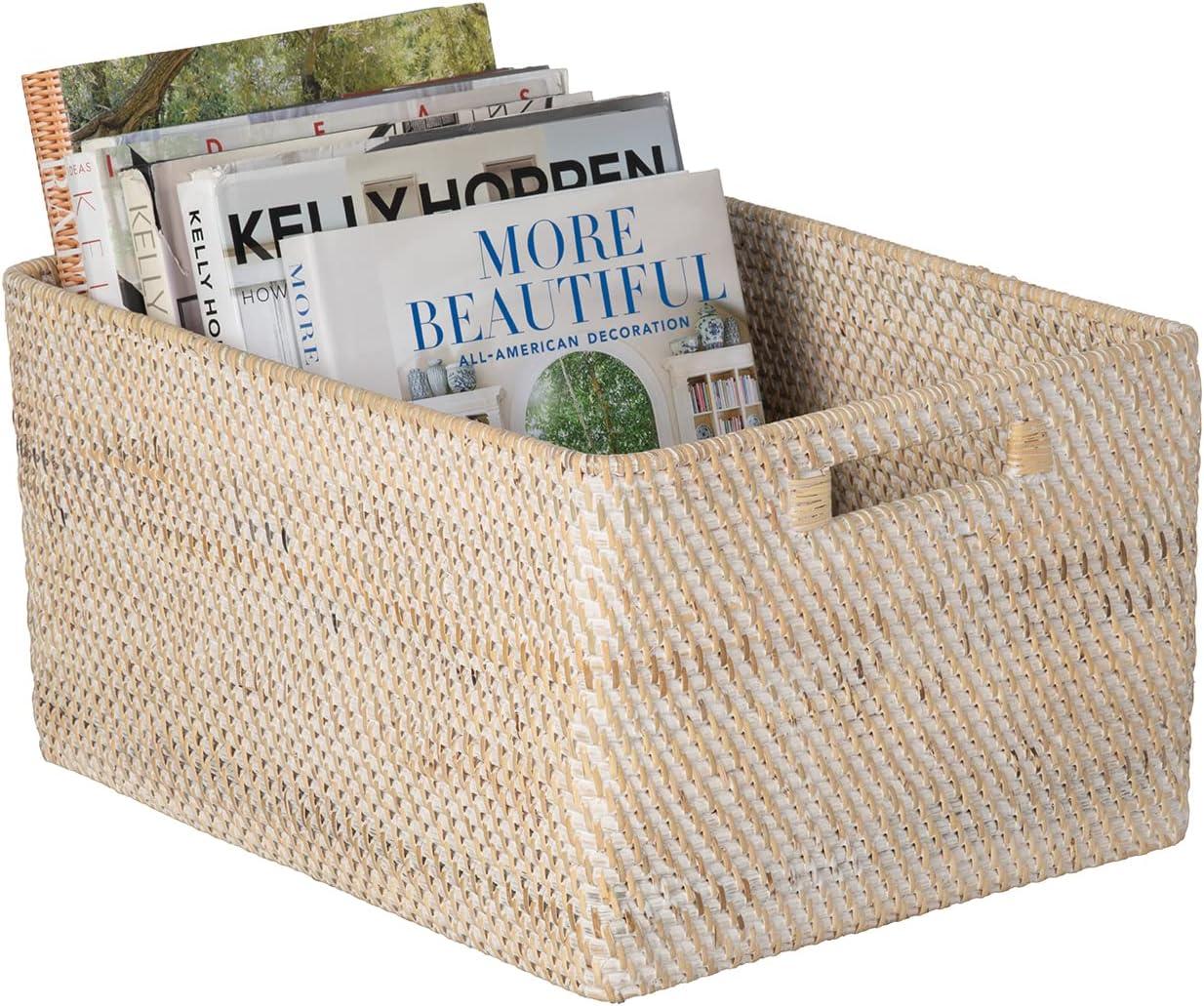 Kouboo Loma Rectangular Decorative Rattan Storage Basket With Handles, Coastal-Inspired Handwoven, Home Organization, Black Antique, Latte