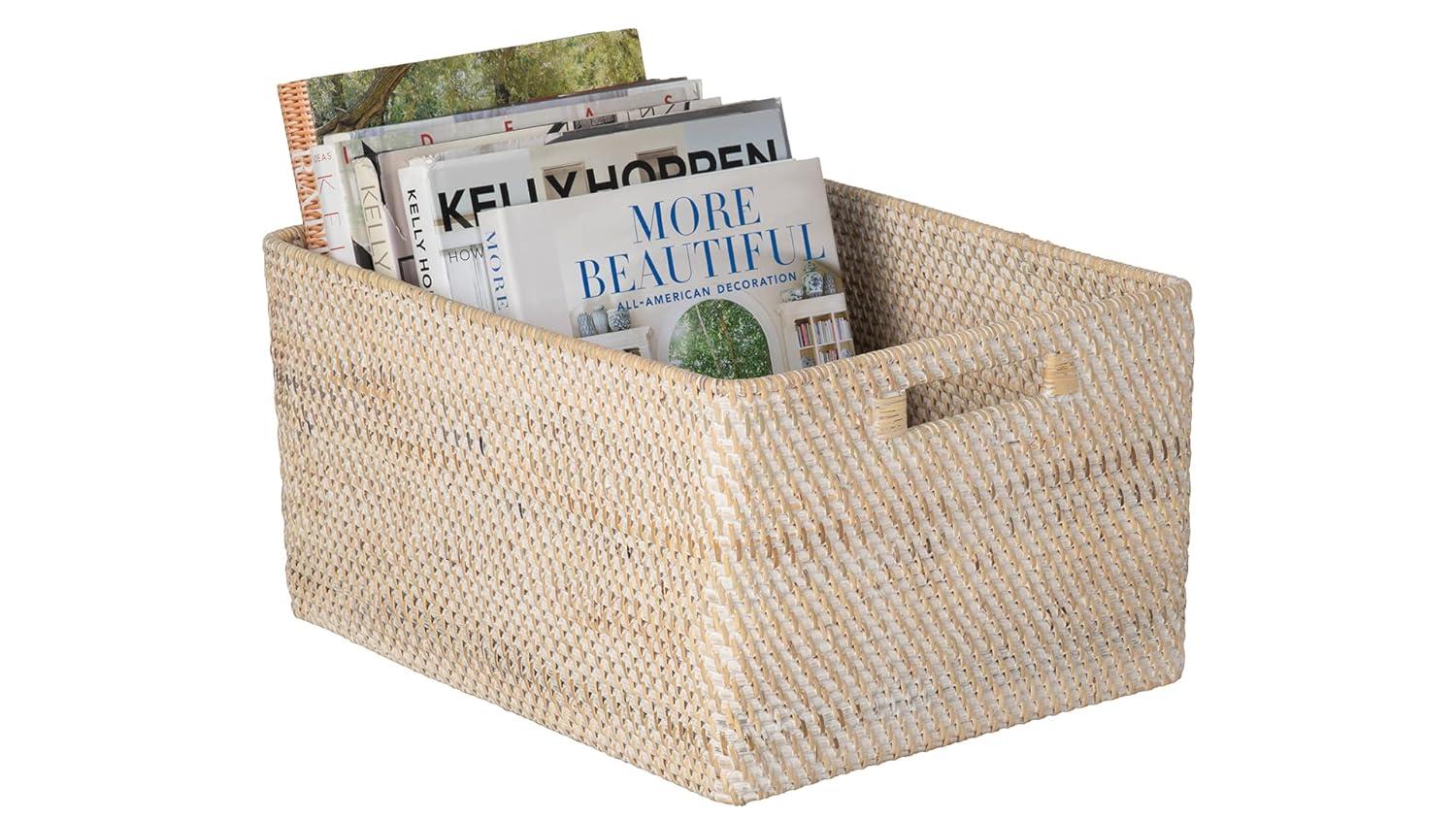 Kouboo Loma Rectangular Decorative Rattan Storage Basket With Handles, Coastal-Inspired Handwoven, Home Organization, Black Antique, Latte
