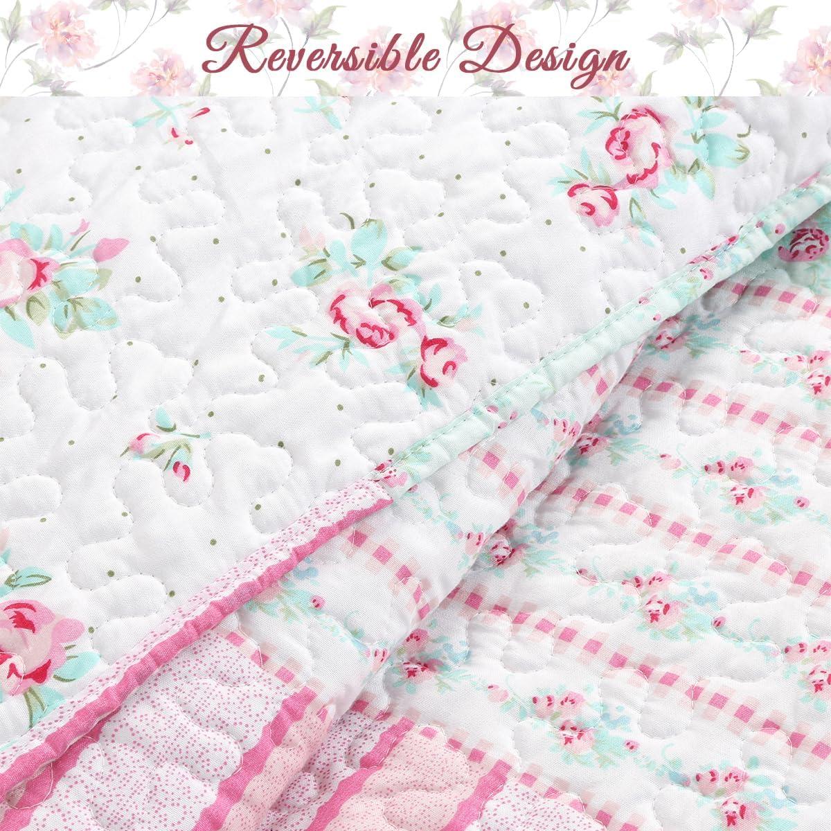 Pink and Turquoise Floral Reversible Twin Microfiber Quilt Set