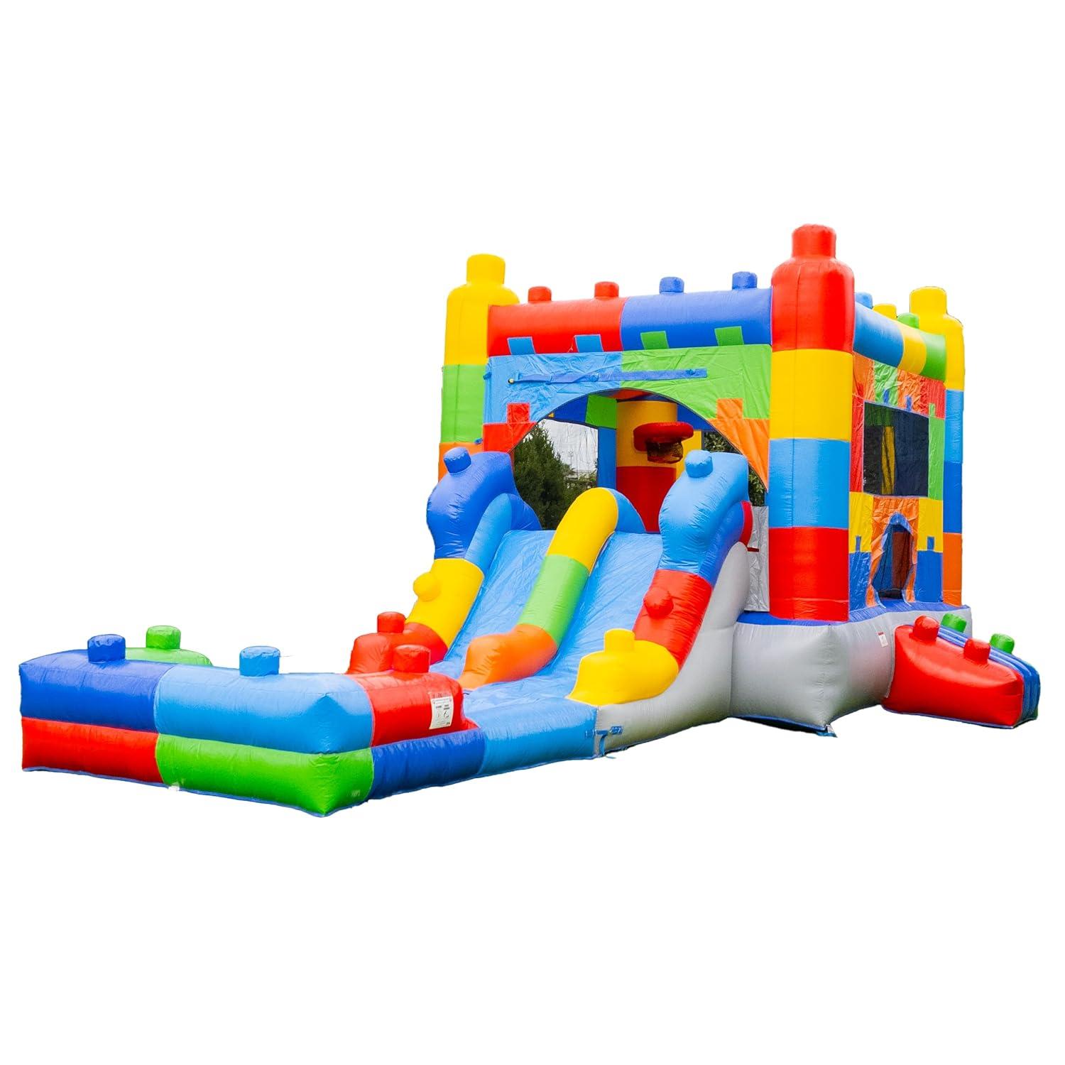 HeroKiddo Block Party Inflatable Water Slide Lightweight Premium Bounce House Combo with Detachable Pool with Air Blower Commercial Grade for Kids and Adults Basketball Hoop Outdoor Backyard Wet Dry