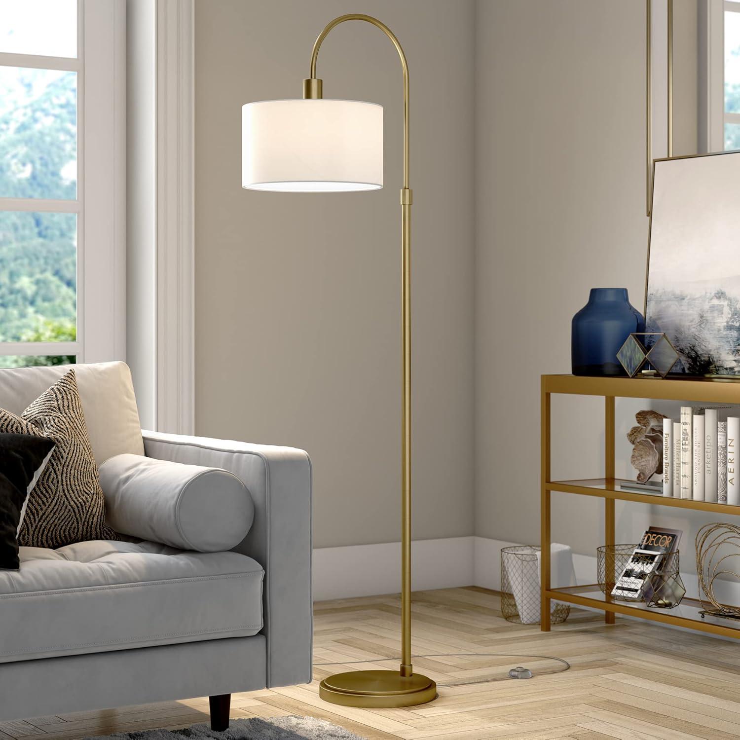 Evelyn&Zoe Veronica 70" Tall Arc Floor Lamp with Fabric Shade, Brushed Nickel/White