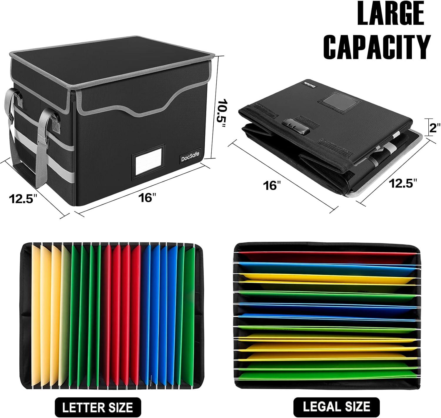 Black Fireproof Document Storage Box with Lock and Pockets, 2 Pack