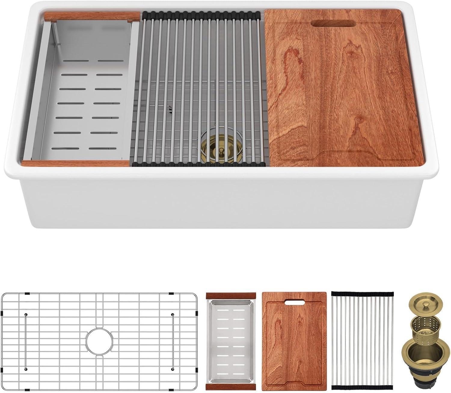 Lordear 33 Inch White Kitchen Sink Undermount Composite Granite Quartz Single Bowl Workstation 33x19x10 Inch Under Counter Kitchen Sinks