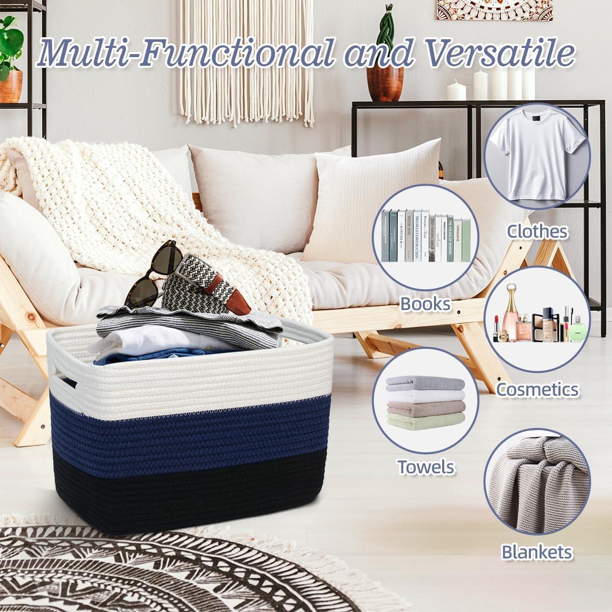 KOUROUU 3 Pack Cotton Rope Storage Basket Woven Shelf Storage Bin with Faux Leather Handles, Decorative Closet Shelf Woven Basket for Storage Organizers, 15 x 10 x 9, White/Gray