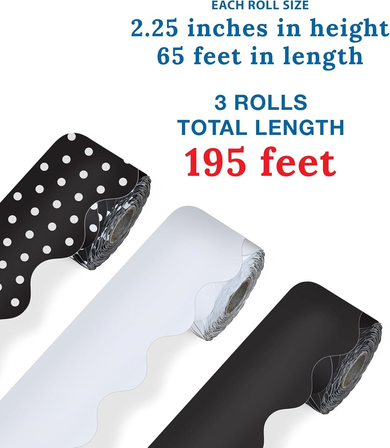 Carson Dellosa 3 Rolls of 195 Ft of Scallop Black and White Bulletin Board Borders Bundle, Classroom Borders for Bulletin, 65 Ft Per Bulletin Board Trim Roll