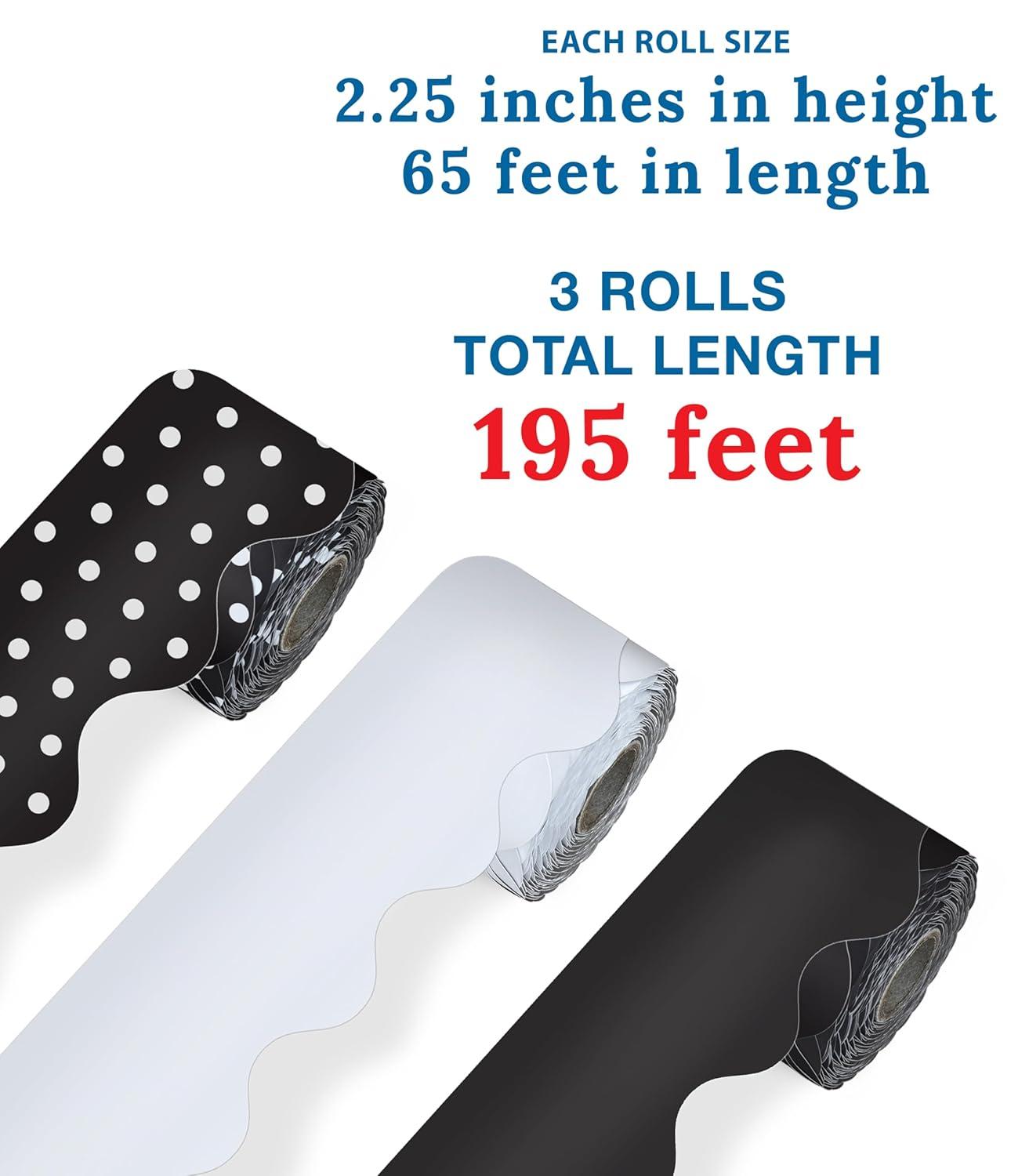 Carson Dellosa 3 Rolls of 195 Ft of Scallop Black and White Bulletin Board Borders Bundle, Classroom Borders for Bulletin, 65 Ft Per Bulletin Board Trim Roll