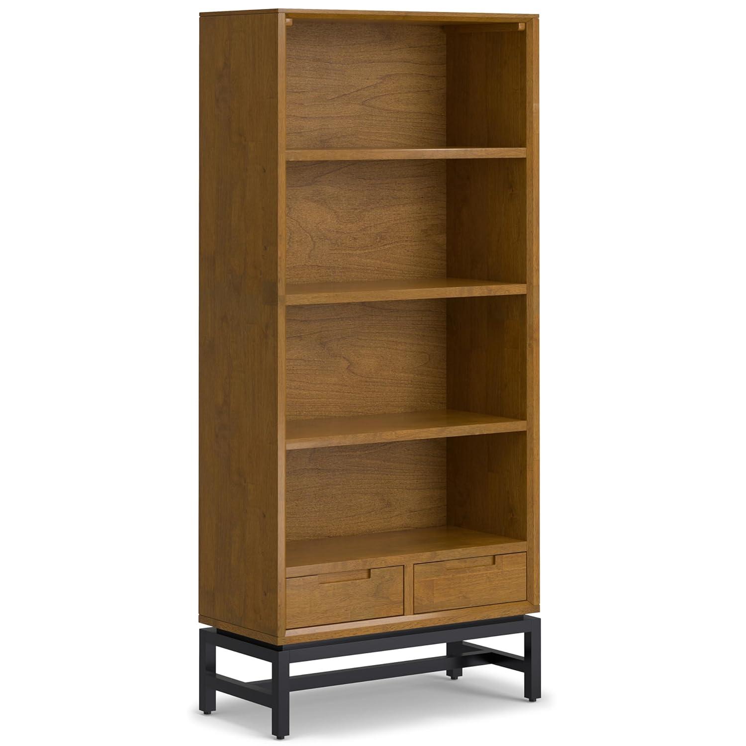 Banting 30"W Solid Wood 4 Shelf Industrial Bookcase with 2 Drawers, Adjustable Shelves, and Metal Base