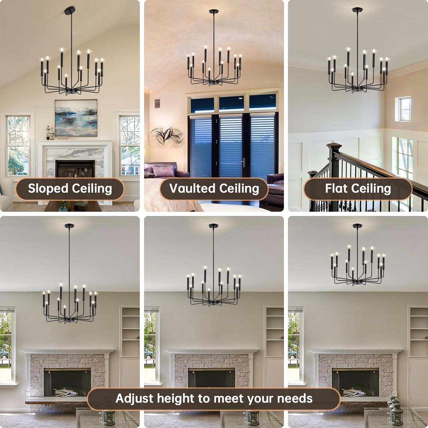 Vikaey Metal Black Chandelier, 12-Light Farmhouse Classic Candle Ceiling Hanging Light Fixture, Rustic Pendant Lighting for Kitchen Island, Dining Room, Living Room, Stair, UL Listed