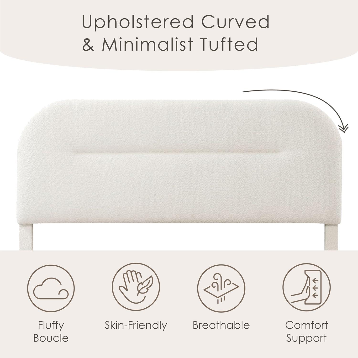 24/7 Shop At Home Queen Heartwild Modern Boucle Upholstered Rounded Platform Bed White: Padded Headboard, No Box Spring Required