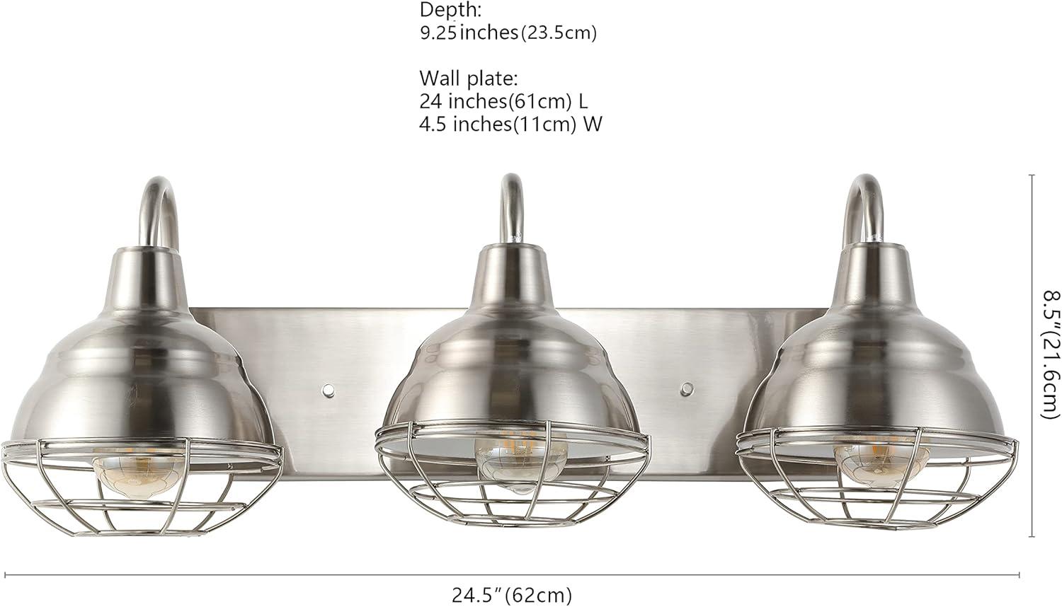 BEAUTY DEPOT 24.5" 3-Light Industrial Farmhouse Vanity Light, Nickel Finish, Led Bulbs Included, Modern Rustic Bathroom, Hallway, Living Room, Bedroom Mirror Cabinet Lighting