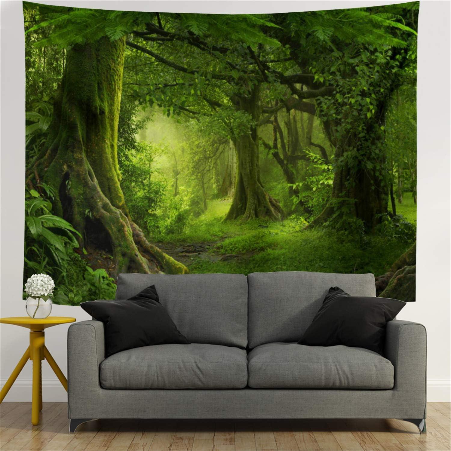 Misty Forest Tapestry Green Tree in Jungle Forest Tapestries Wall Hanging Nature Scenery Woodland Backdrop for Living Room Bedroom