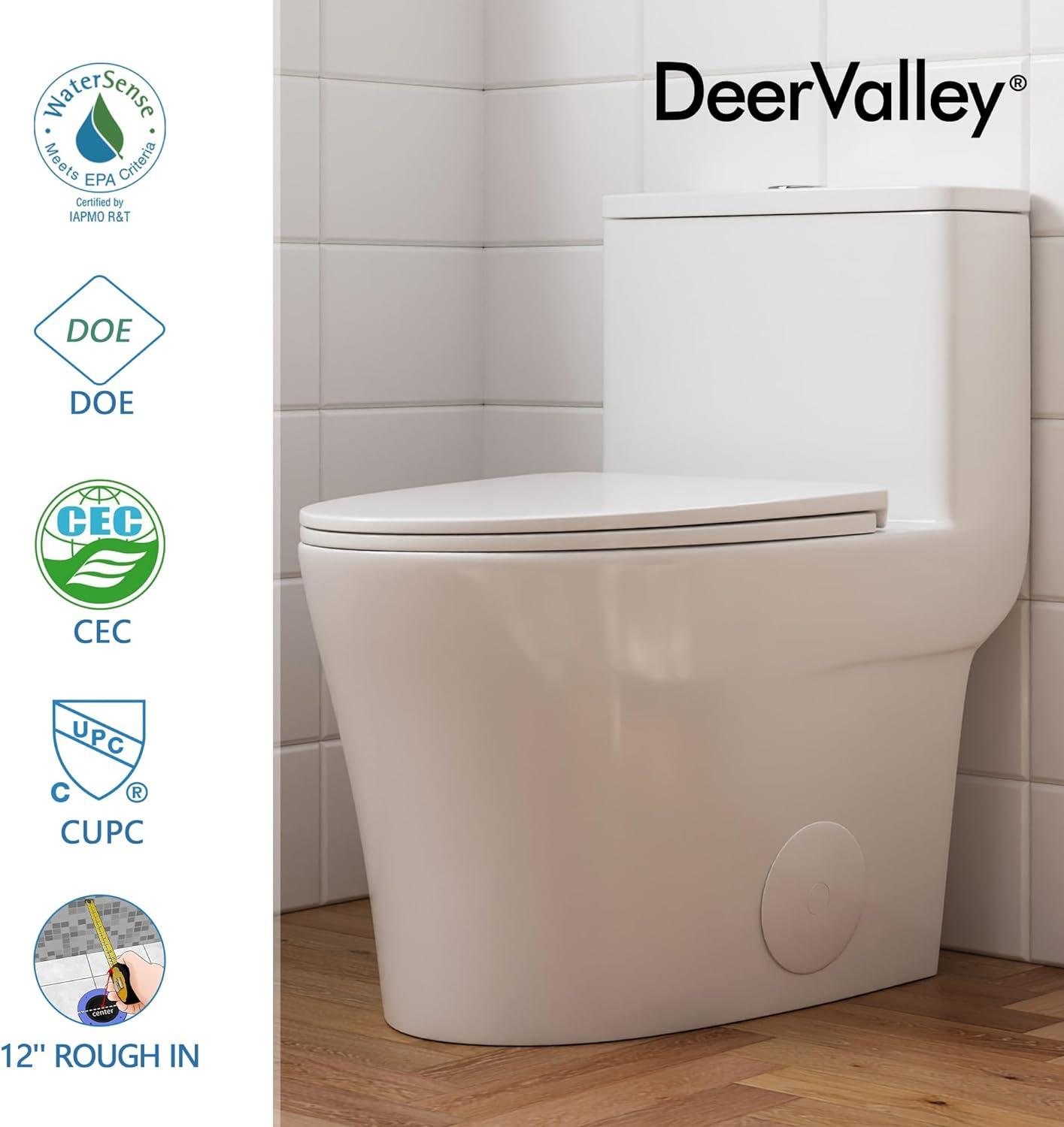 DeerValley Compact One Piece Toilet Elongated, Modern Toilet with Soft Close Seat Ceramic Glossy for Small Bathroom Space