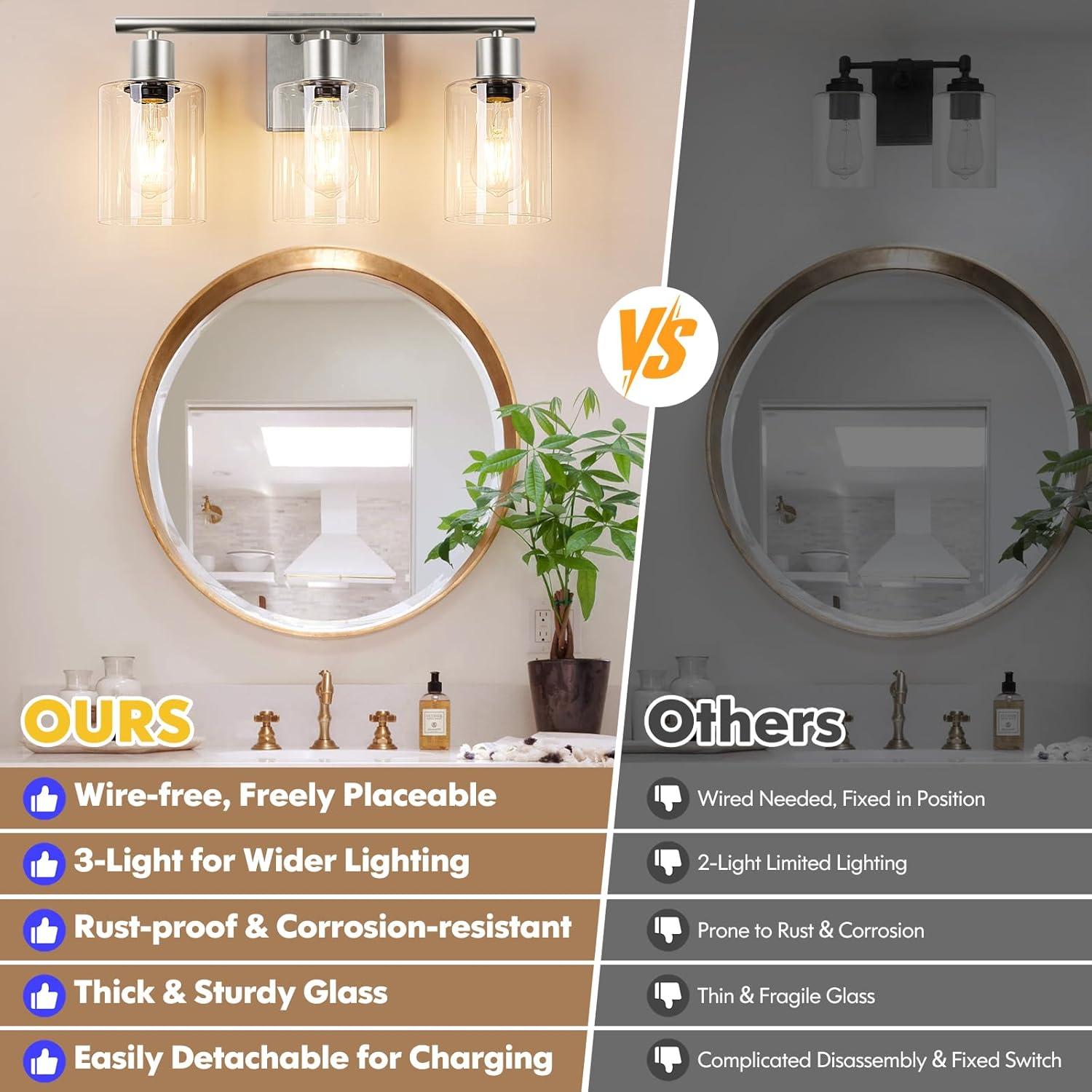 Vanity Wall Light Fixtures, Modern 3 Lights Wall Sconce with Clear Glass Shade, Brushed Nickel Farmhouse Wall Lamp for Bathroom Mirror Kitchen Porch Living Room Workshop (E26 Base)