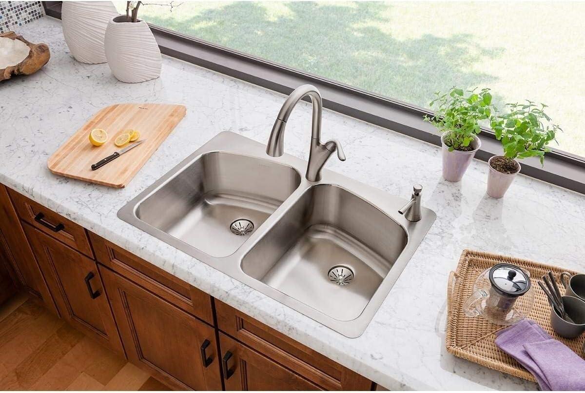 Elkay Lustertone Classic Stainless Steel 33" x 22" x 9", Equal Double Bowl Dual Mount Sink with Perfect Drain