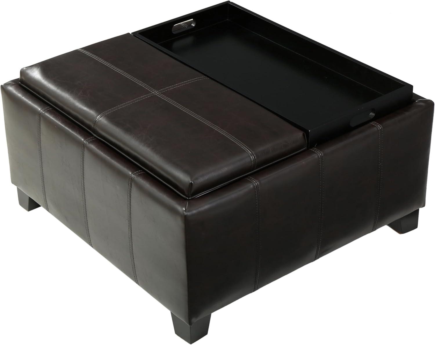 Mansfield Faux Leather Tray Top Storage Ottoman - Brown - Christopher Knight Home: Square Upholstered Bench with Wood Frame