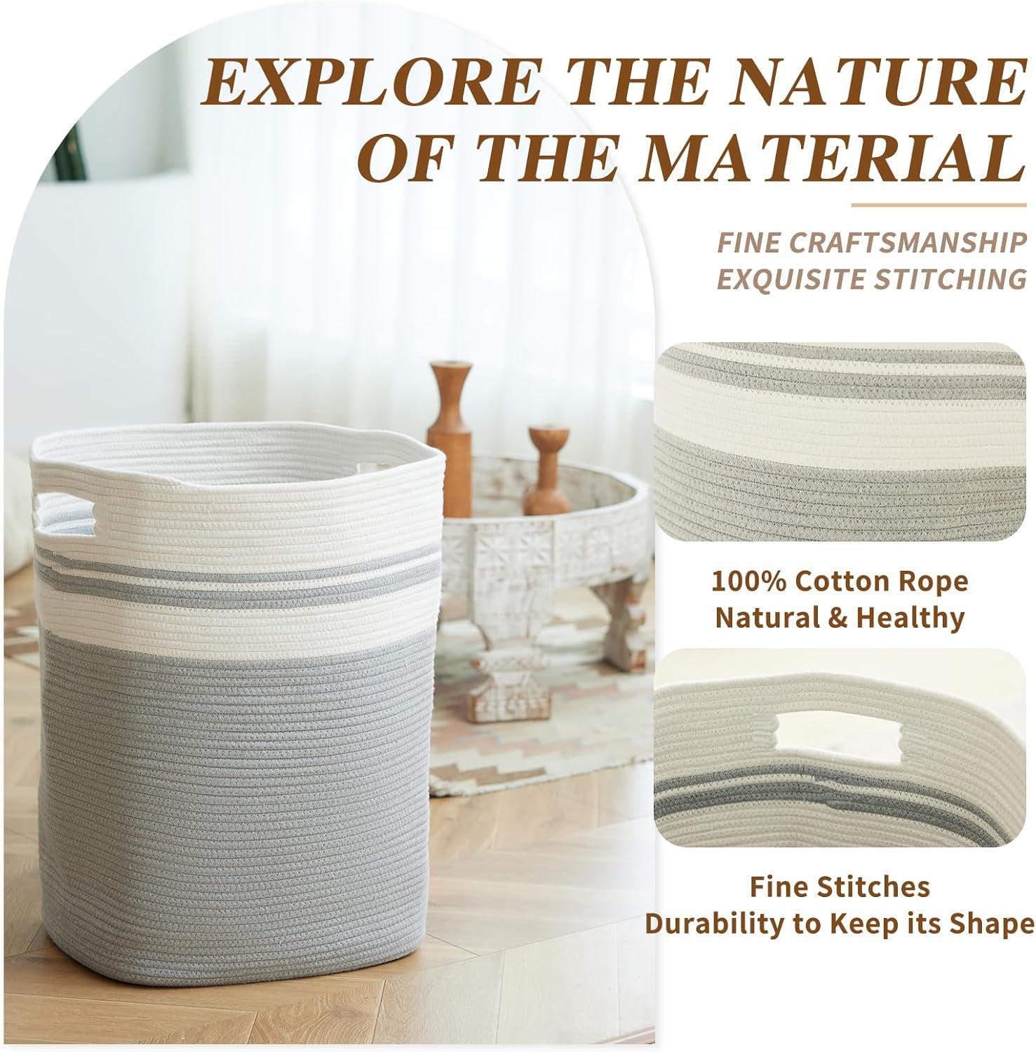 Casaphoria Woven Rope Laundry Hamper, Bin for Living Room, Storage Basket, Blanket Container, Dirty Clothes Hamper 16x13x22in - Light Gray