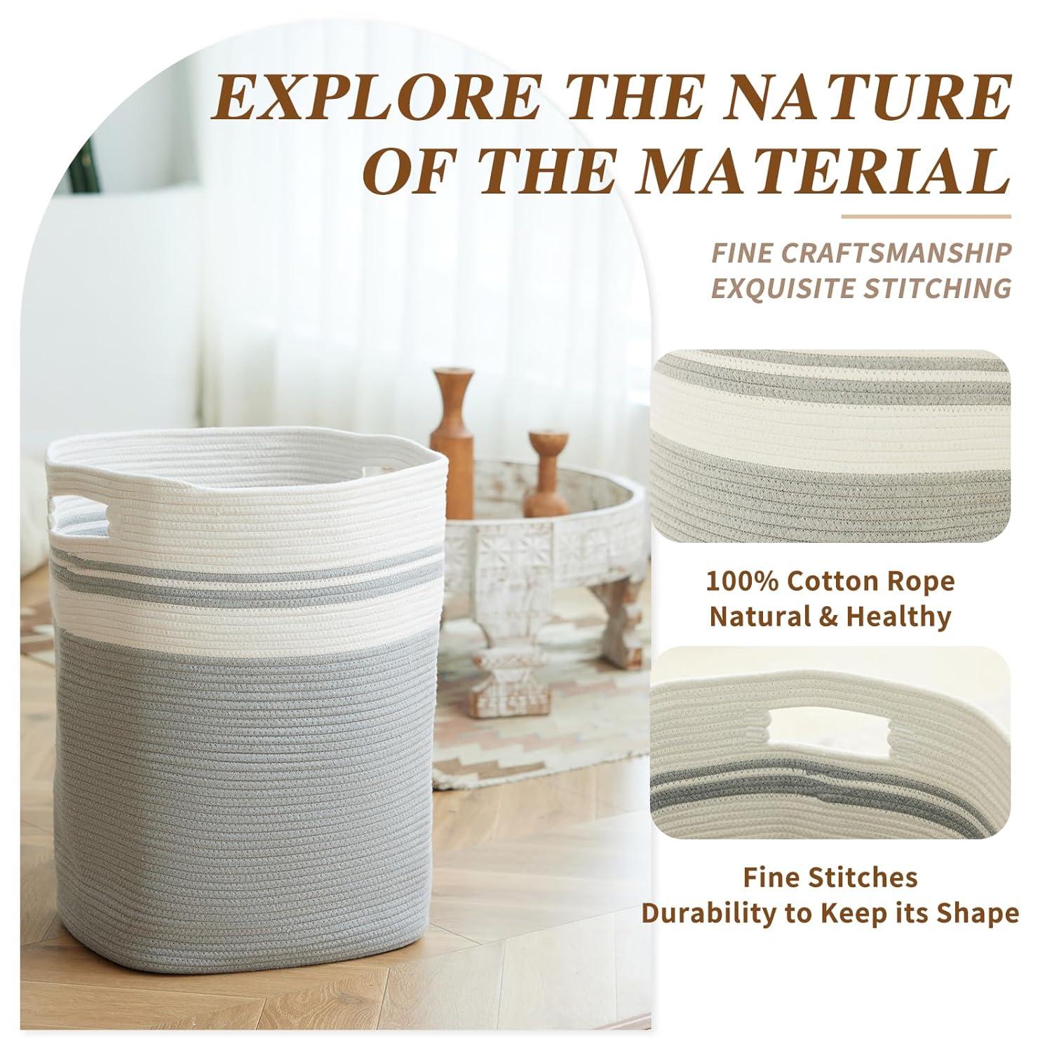 Casaphoria Woven Rope Laundry Hamper, Bin for Living Room, Storage Basket, Blanket Container, Dirty Clothes Hamper 16x13x22in - Light Gray