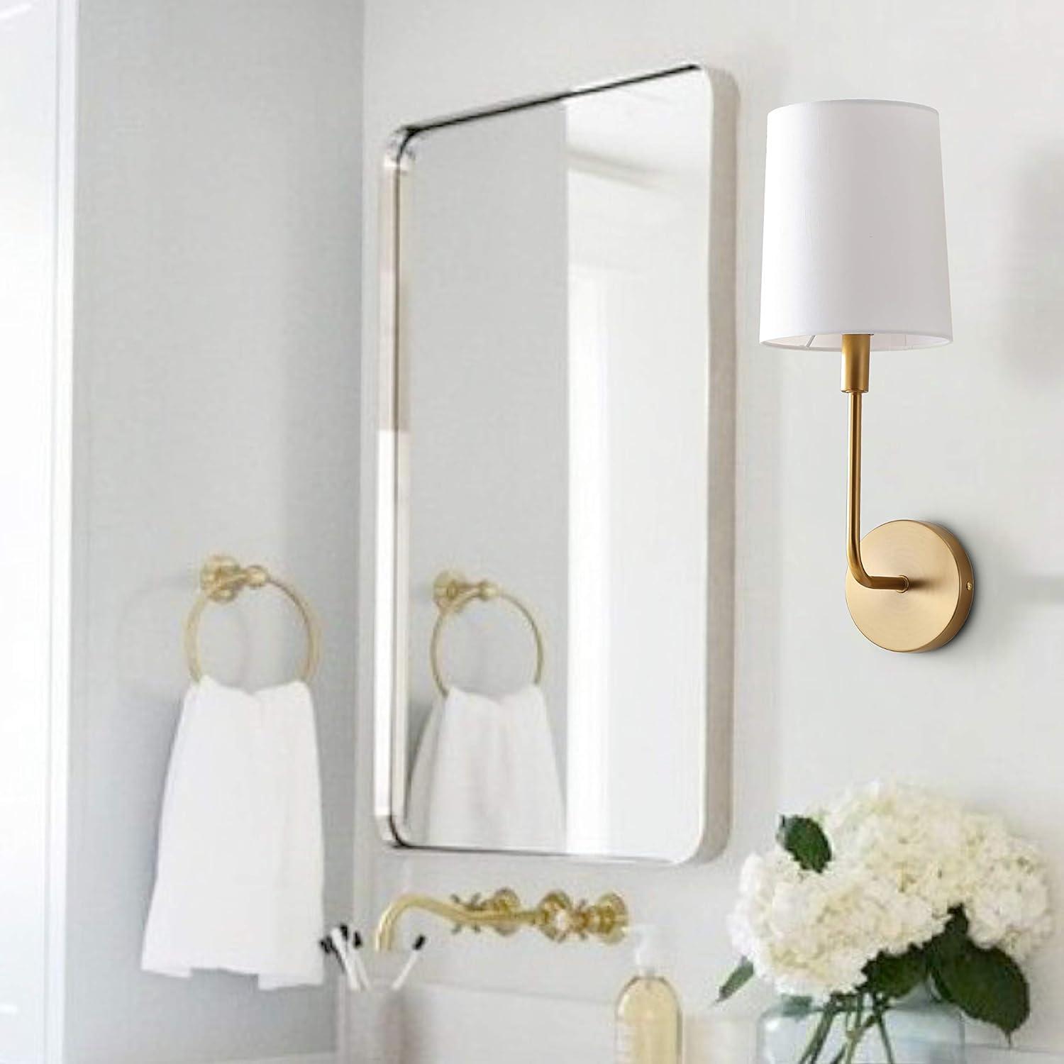 Contemporary Brass Gold Wall Sconce with Off-White Cotton Shade