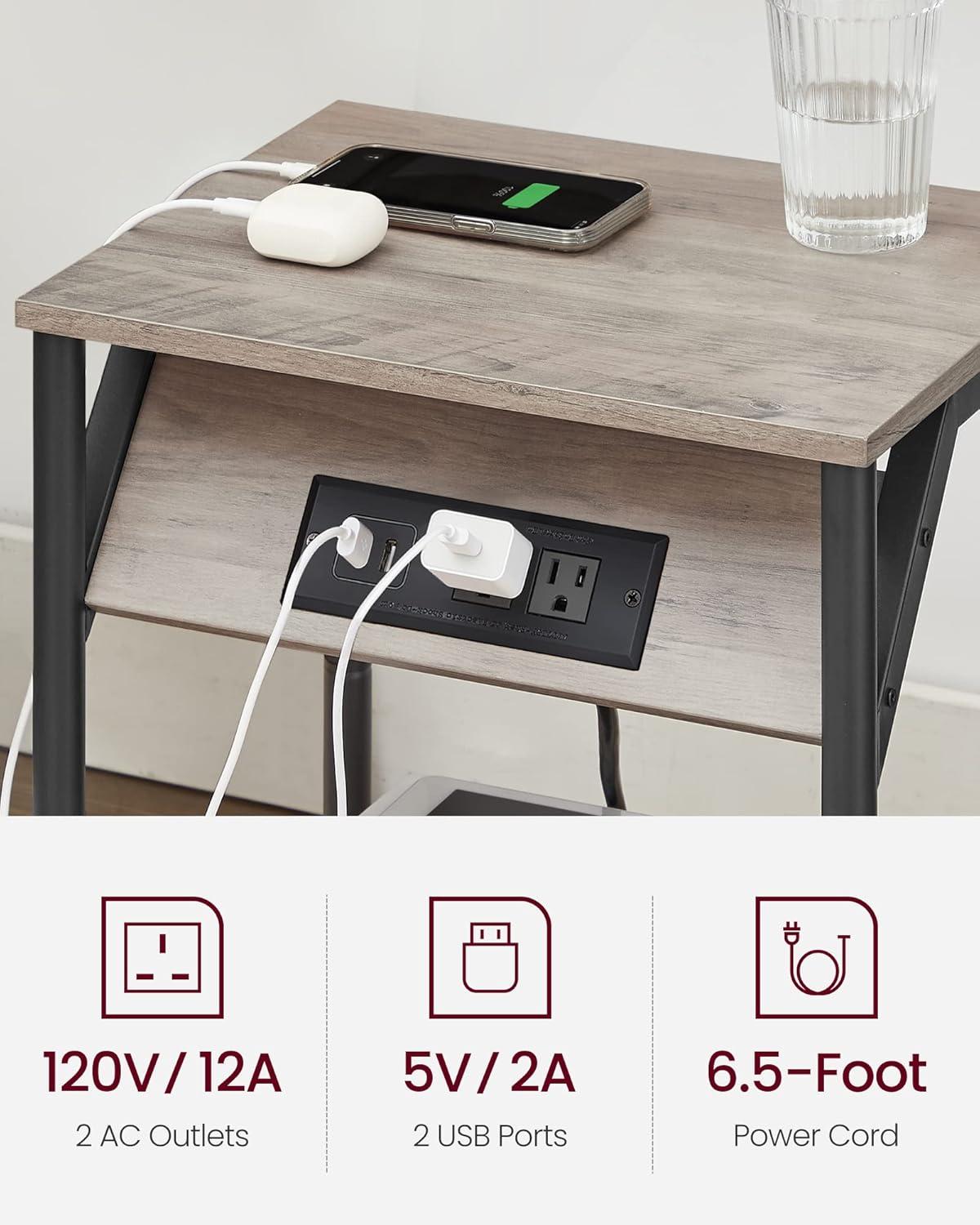 VASAGLE End Table with Charging Station, Small Side Table for Living Room, Bedroom, Nightstand with Outlets and USB Ports, Bedside Table with Storage Shelf, Heather Greige and Black