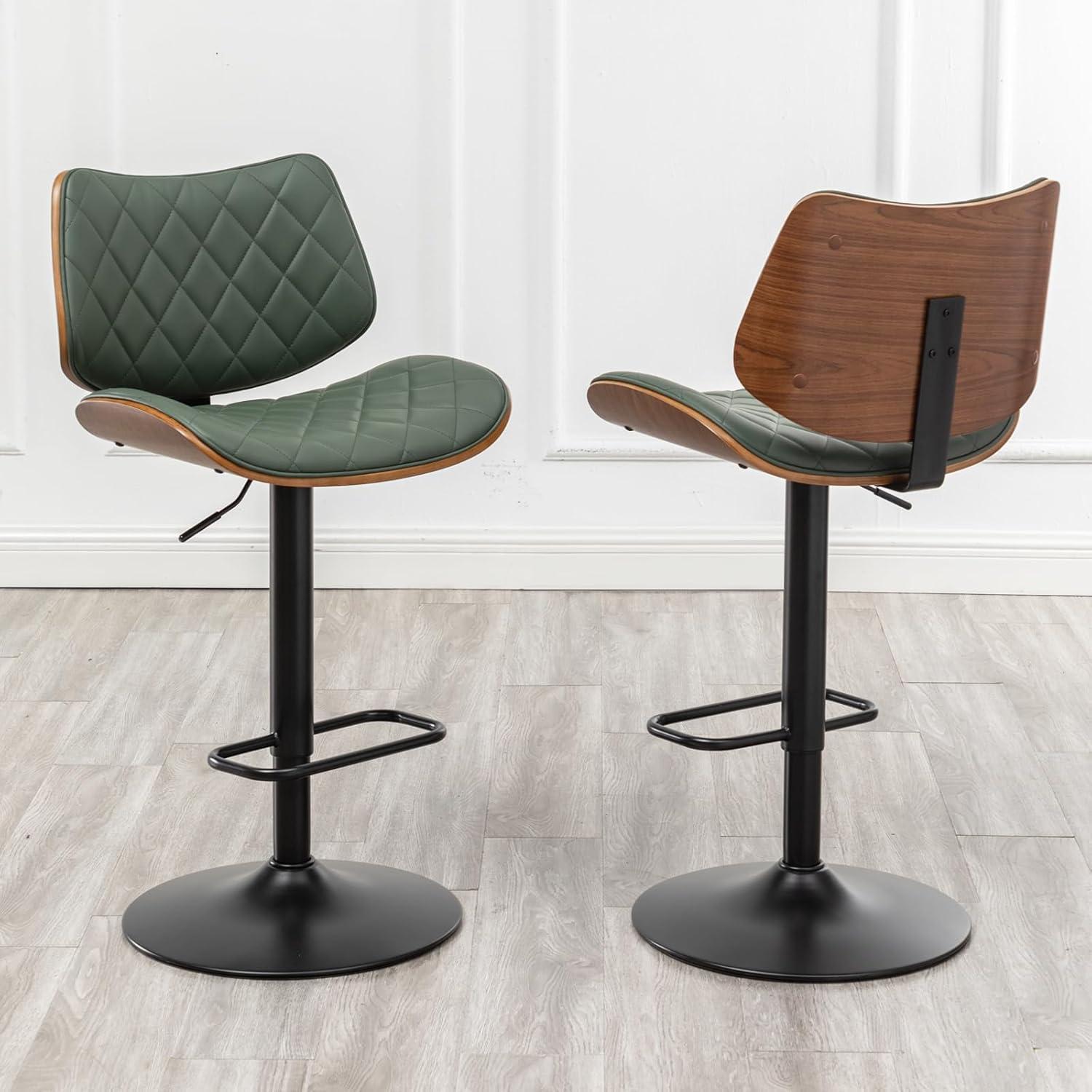 Green Faux Leather Adjustable Swivel Bar Stools with Walnut Backrest