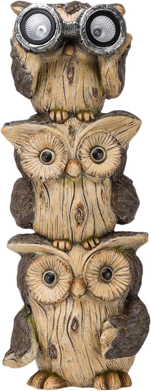 Solar Three Stacked Binocular Owls Polyresin Statue with LED Lights - Alpine Corporation: Garden Decor Sculpture with NiMH Battery