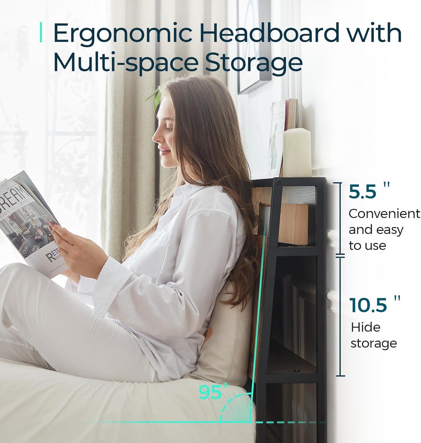 Linsy Home Queen Size Platform Bed Frame with Headboard and 3 Storage Shelves, Metal Bed with Lights, Outlets & USB, Light Grey, Mattress Not Included