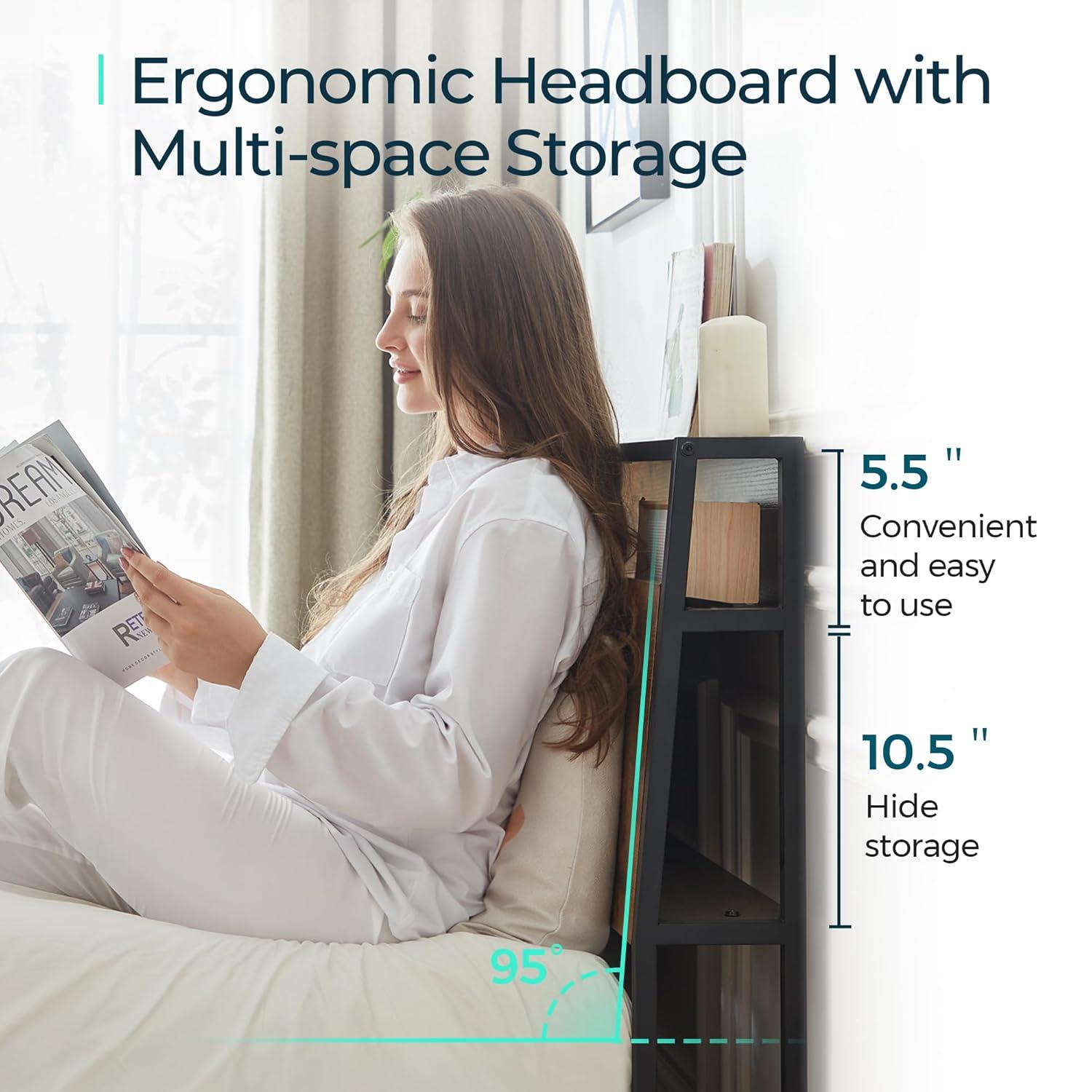 Linsy Home Queen Size Platform Bed Frame with Headboard and 3 Storage Shelves, Metal Bed with Lights, Outlets & USB, Light Grey, Mattress Not Included