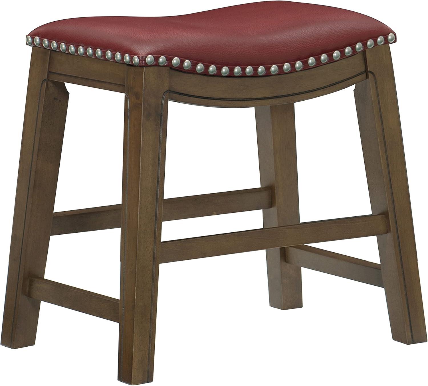 Contemporary Red Leather Saddle Counter Stool, 20" Backless Design