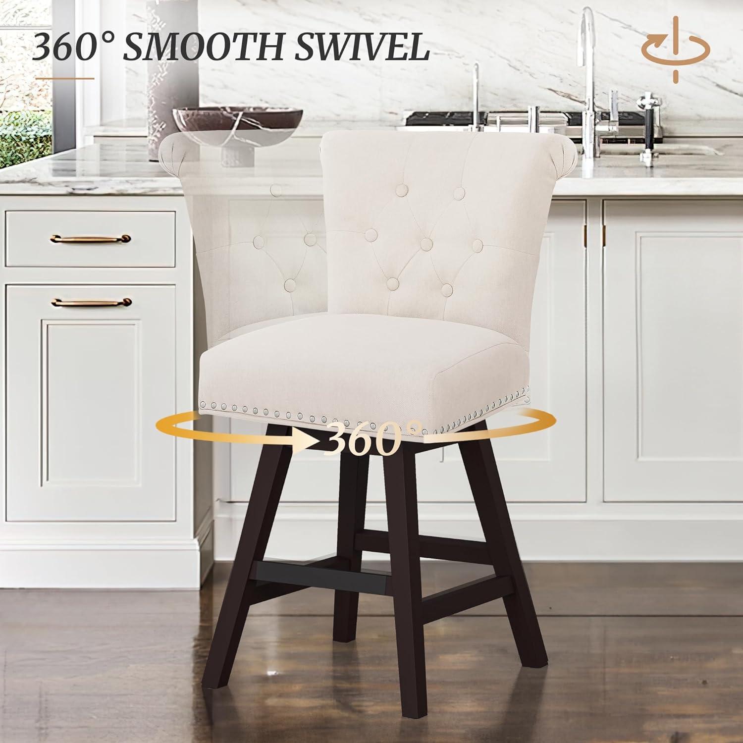 Beige Linen Swivel Counter Height Bar Stools with Wood Legs