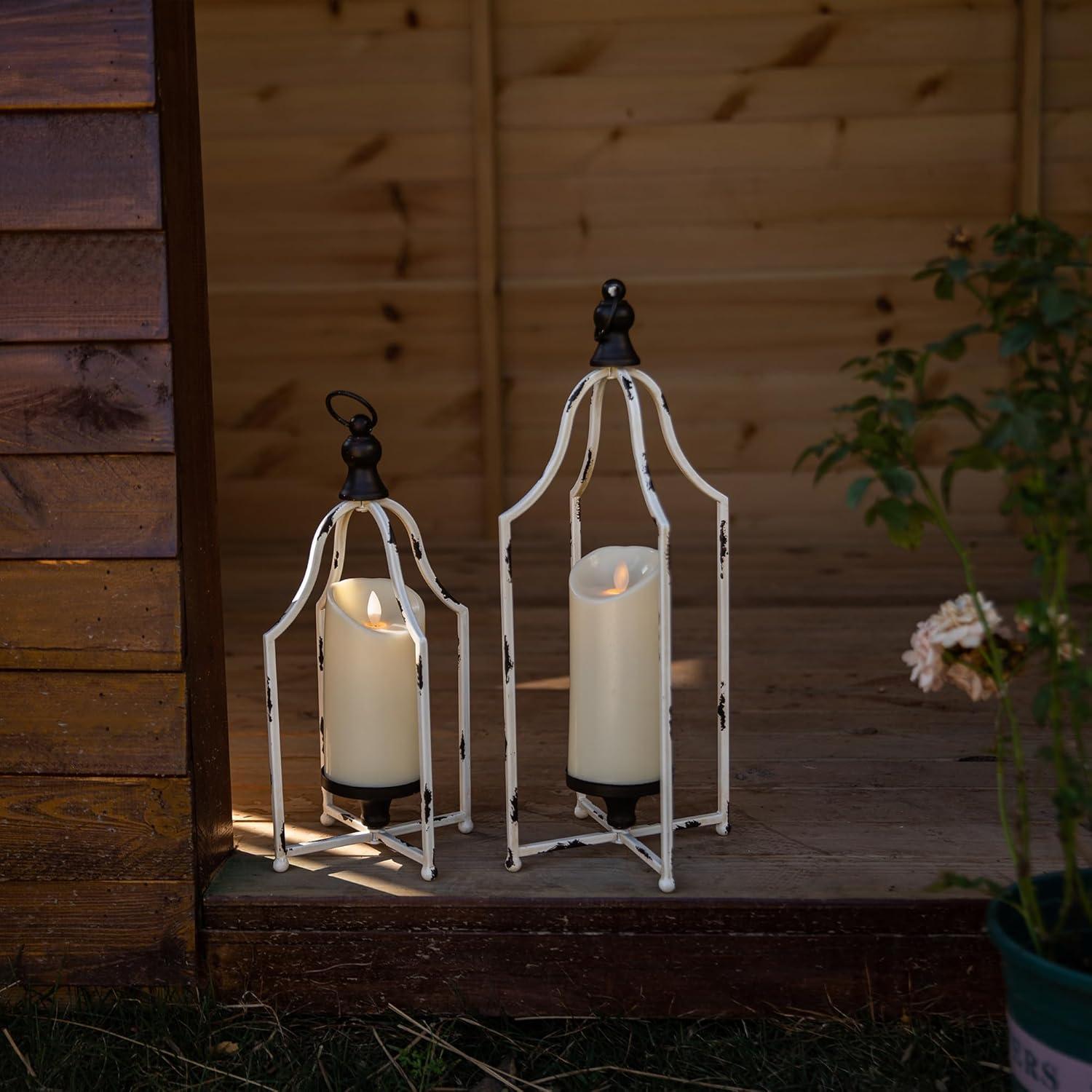 HPC Decor Lanterns Decorative for Home Decor- 16.5''13'' White Metal Candle Lanterns Set of 2- Modern Farmhouse Lantern Decor for Outdoor, Indoor, Living Room, Dining Table or Fireplace Mantle Decor