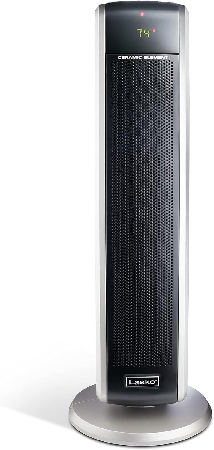 Silver Ceramic Electric Tower Heater with Thermostat and Remote Control