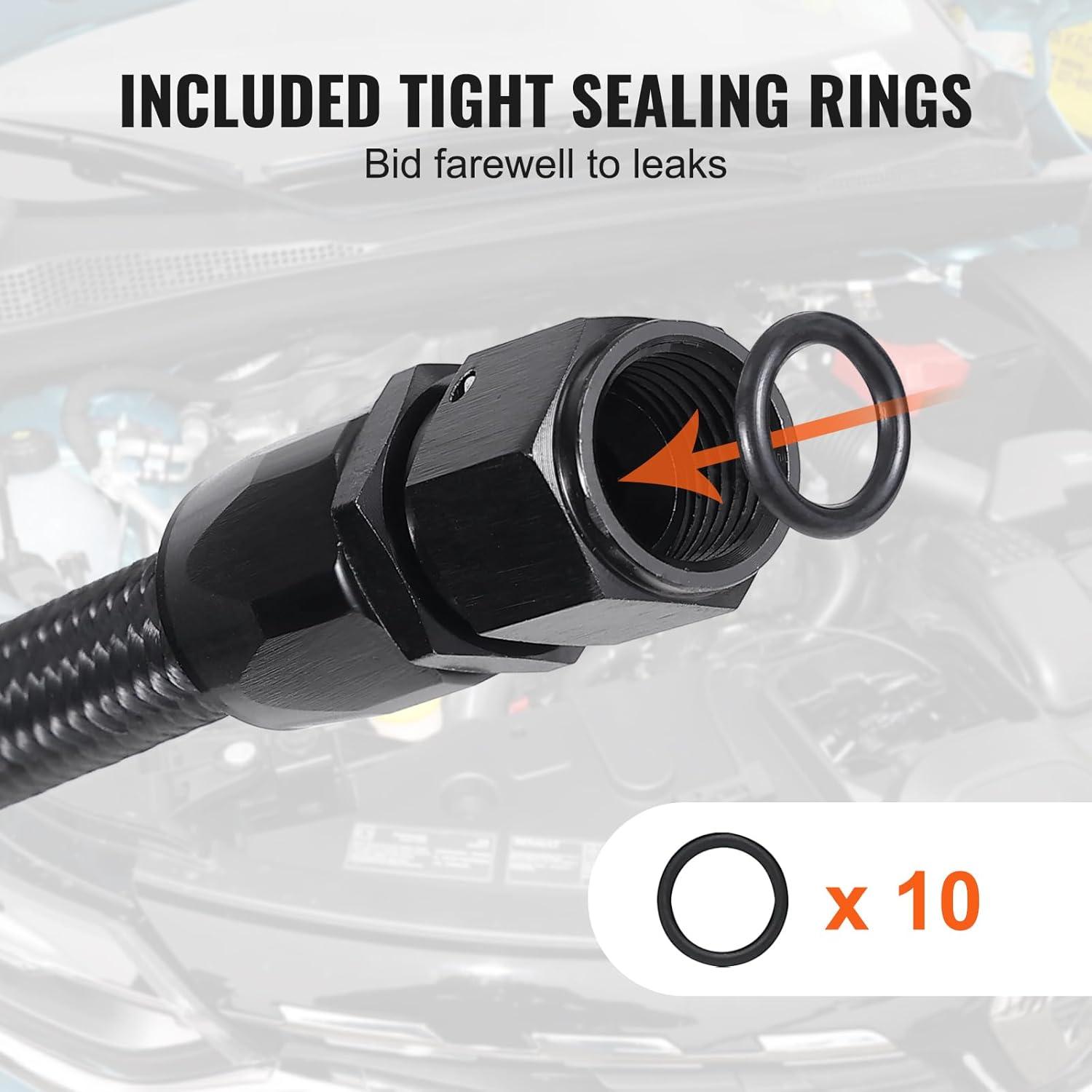 VEVOR 6AN Fuel Line Kit, 20 FT Fuel Hose Kit, 0.34" Nylon Stainless Steel Braided Fuel Line Oil/Gas/Diesel Hose End Fitting Kit, with 12 PCS Swivel Fitting Adapter Kit, Black