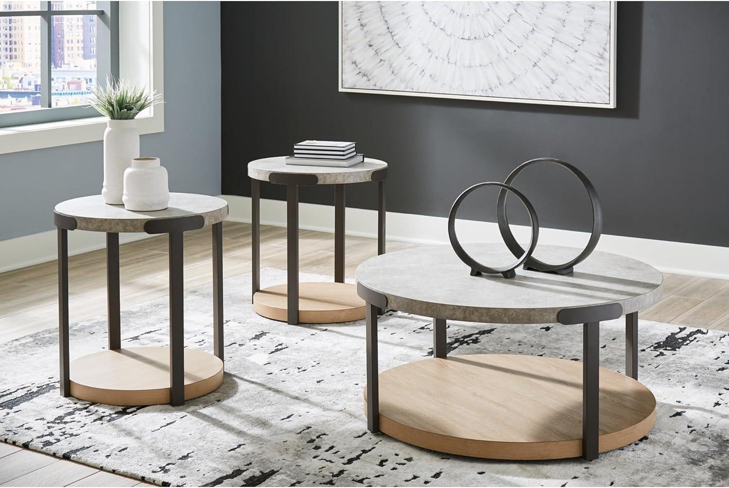 Round Light Brown and Gray MDF Metal Table Set with Lower Shelf