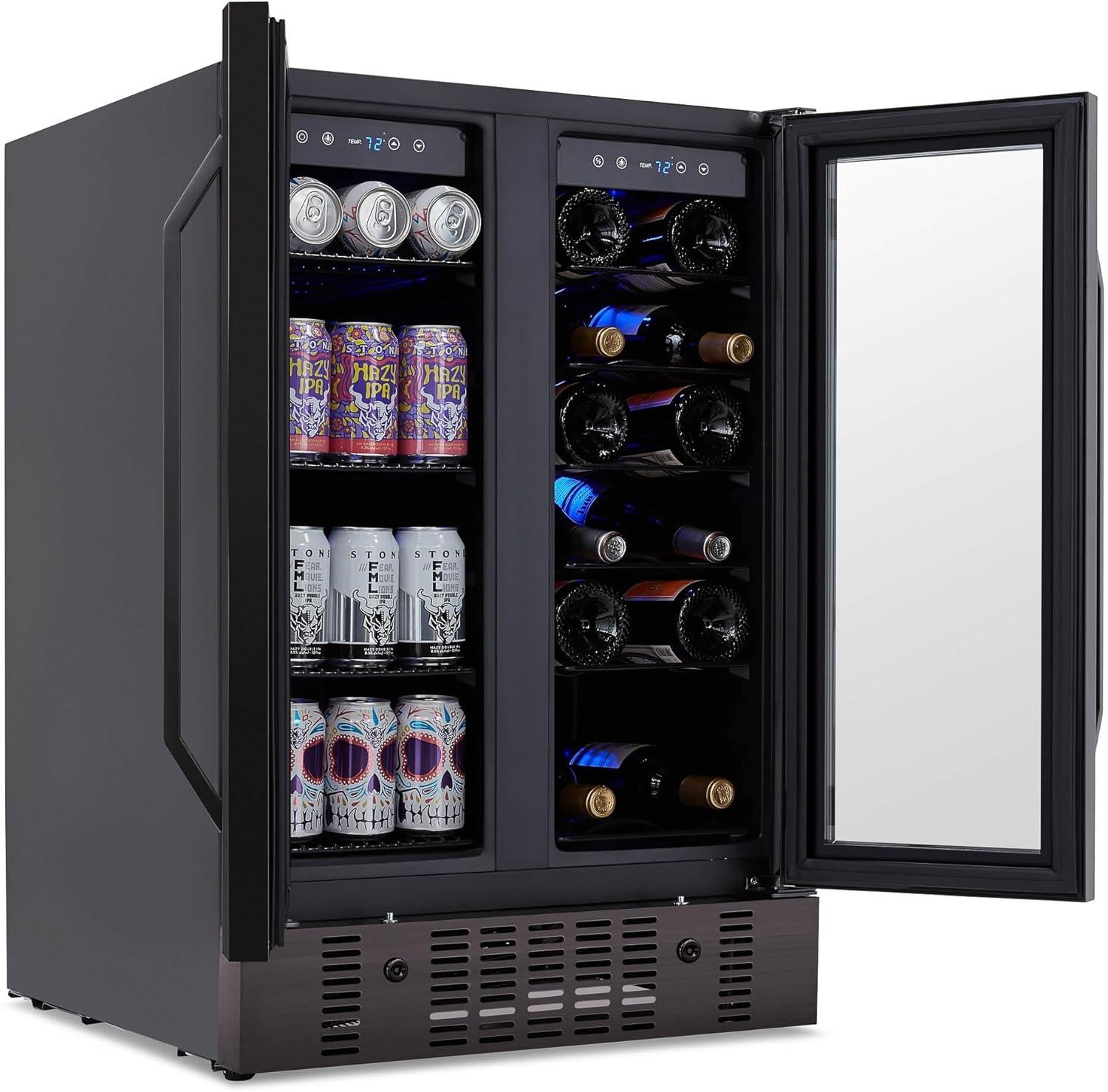 Newair 24" Wine and Beverage Refrigerator and Cooler, 18 Bottle and 60 Can Capacity, Built-in Dual Zone Fridge in Black Stainless Steel