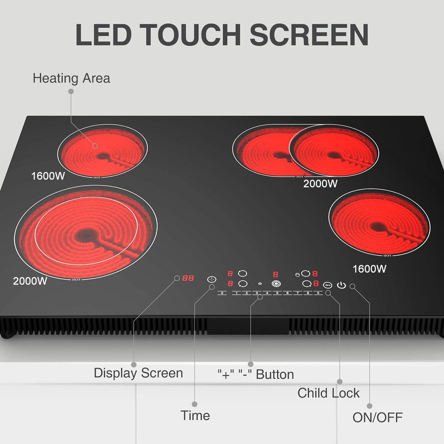 IsEasy 4 Burner Electric Cooktop 30 Inch Built-In Ceramic Cooktop Top, Electric Radiant Cooktop with Pause Function, Electric Stove Top, 220-240V 7200W, 9 Power Levels, Flexible Heating Zones