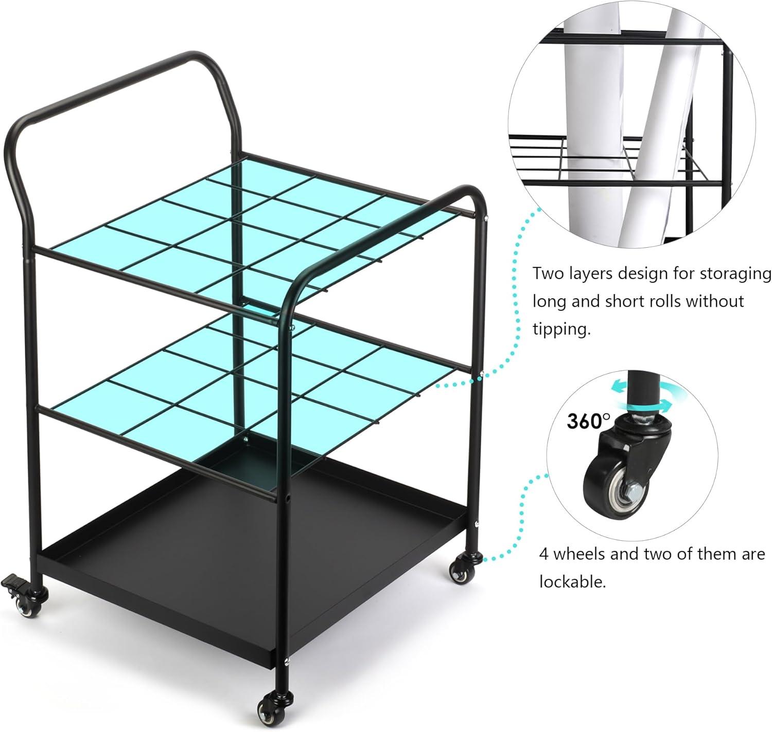 Blueprint Roll File Holder Storage - 12 Slots Rack Cart,Wire Bin Roll File, Made for Maps, Plans, Drawings, and Tubes, Yoga Mat and Gym Storage Rack Cart with Wheels,Files Sorter Poster Holder