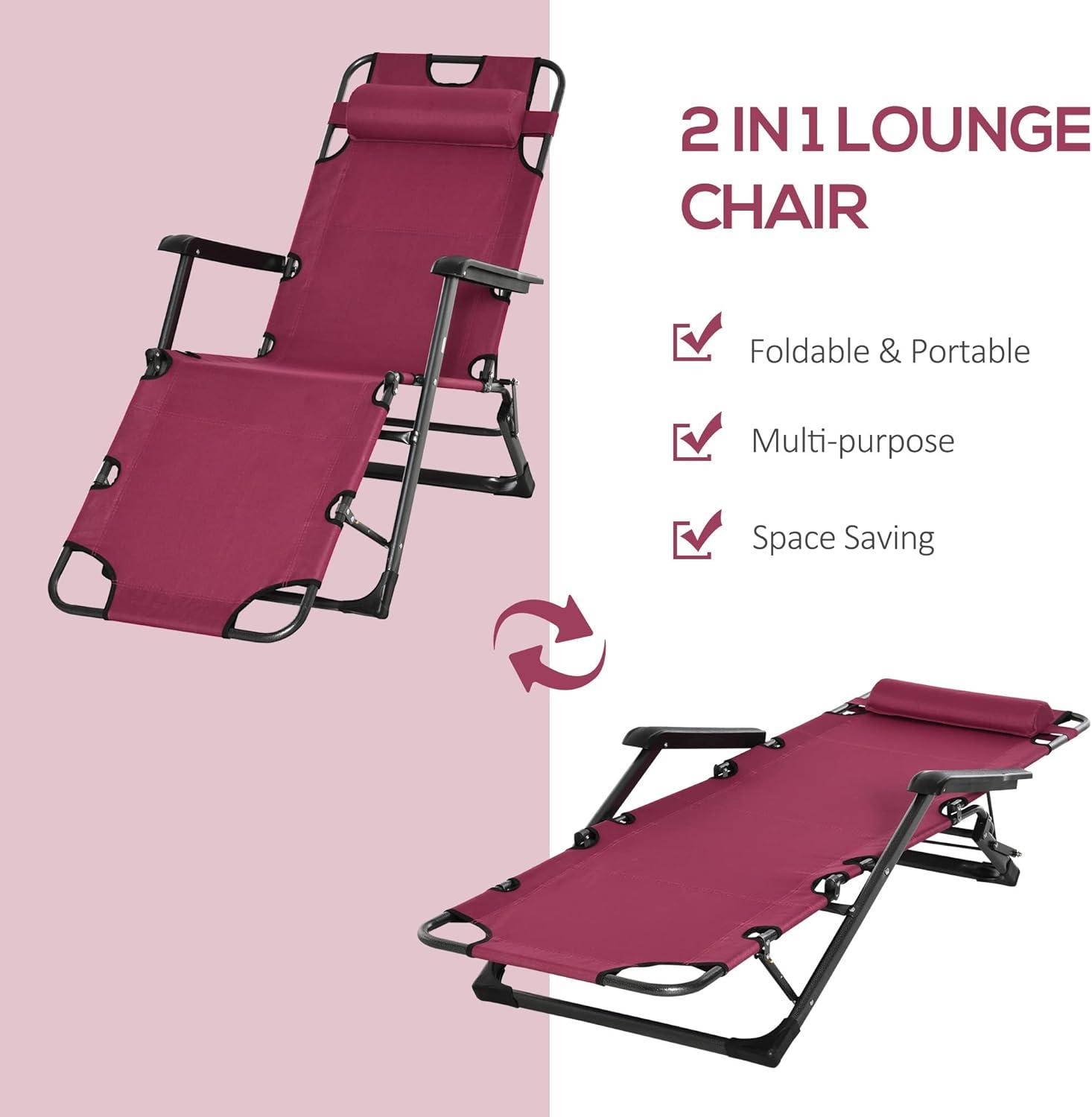 Red Adjustable Metal Frame Outdoor Chaise Lounge with Pillow